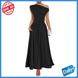 One Shoulder Maxi Dress with Pockets Slim Fit Formal Summer Dress